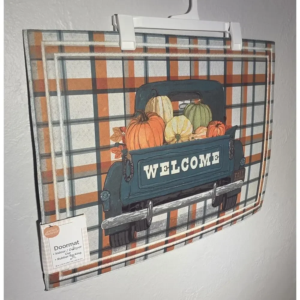 Pumpkin Plaid Truck Welcome Doormat Indoor Outdoor Rubber Backing 18 x 24
